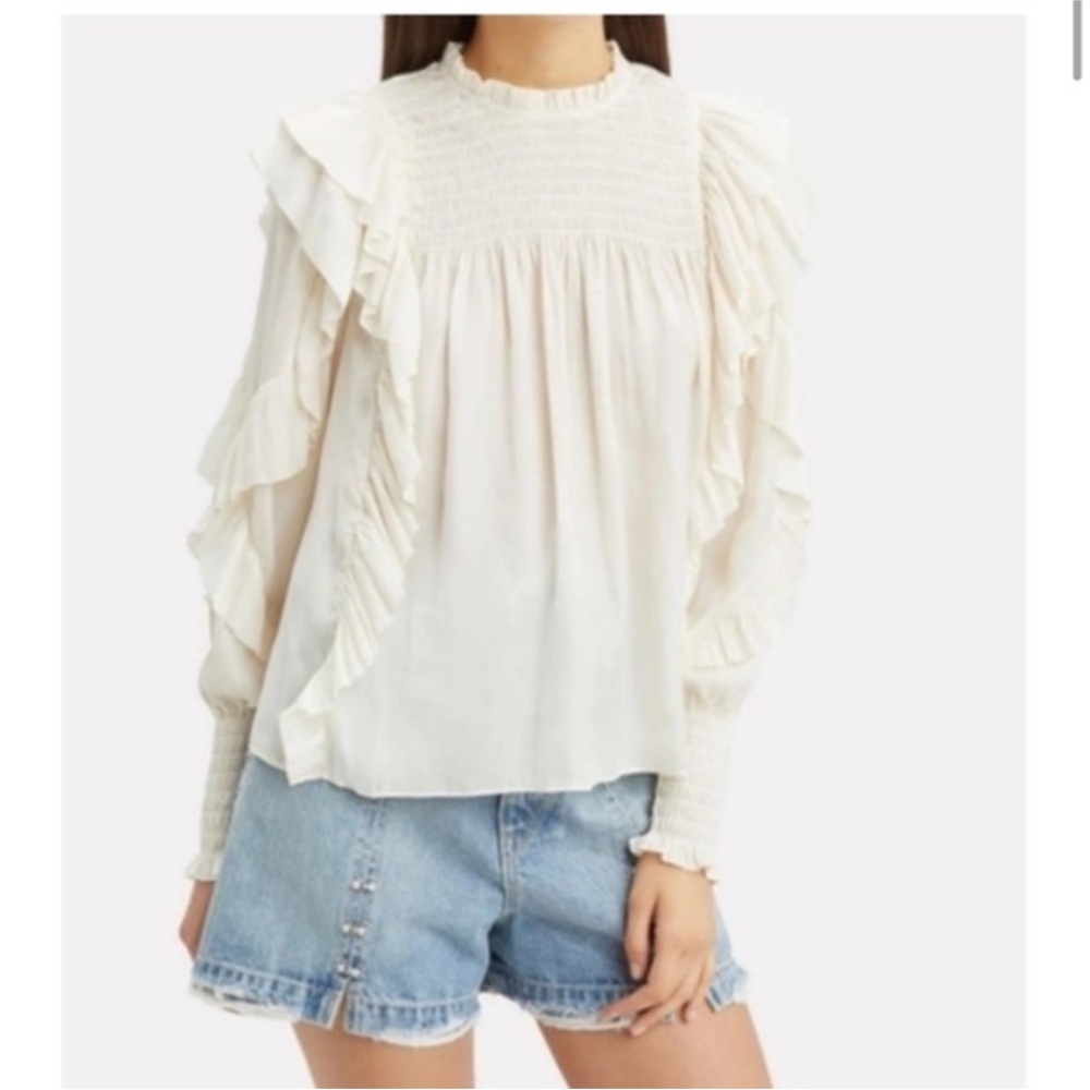 ULLA JOHNSON Jessamine Blouse Ivory Smocked‎ Cascading Ruffles Mock Neck Size 4